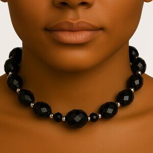 Women’s Polished Silver Tone & Black Beaded Bold Statement Necklace – Jewelry
